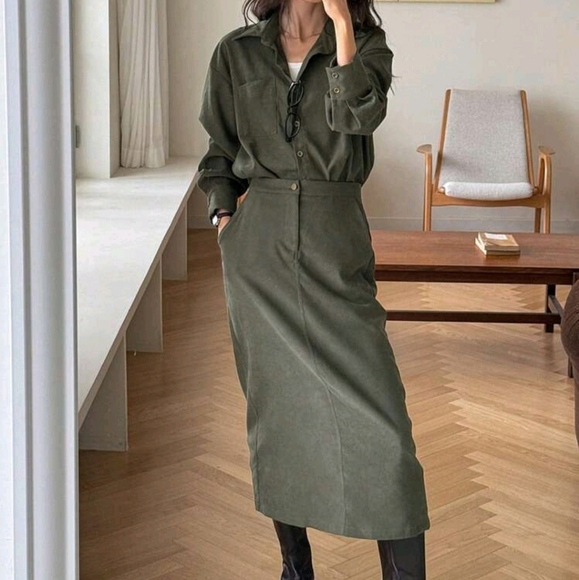 Women Solid Color Single Button Pocket Long Sleeve Shirt And Long Skirt Set